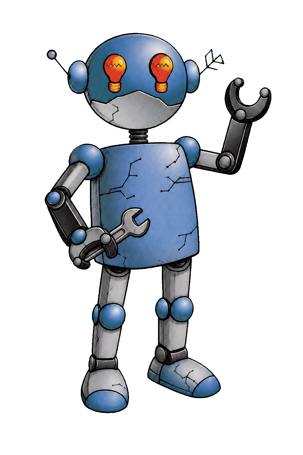 The Gr3p robot holding a wrench and waving